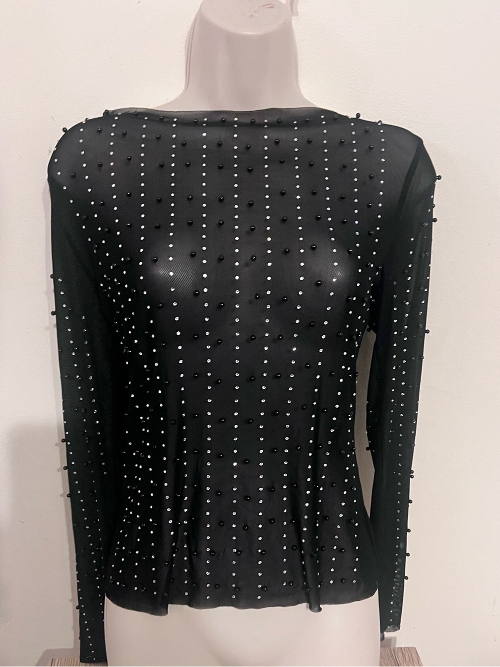 NWT MOTF Black Sheer Long-Sleeve Top with Pearl Studs